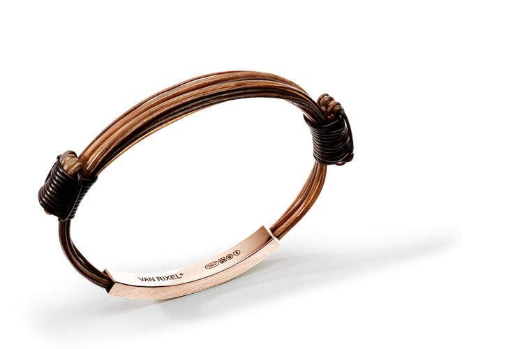Een luxe, High End 18 kt Roségoud heren- of dames-armband, handgemaakt met exclusief bruin Olifantenhaar en schuifknopen - Small